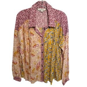 Davi & Dani Waiting For Sunshine Top Women's Sz Large Mixed Print Patchwork Boho